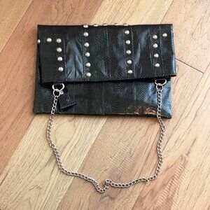 Vintage Black leather snake pattern bag with silver studs and chain strap